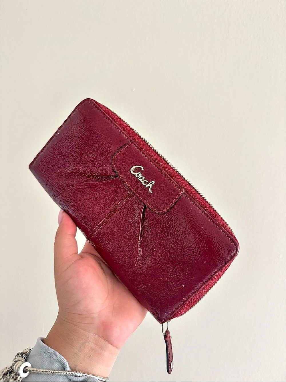 Coach Madison Pleated Patent Leather Accordion Zip Wallet Burgundy